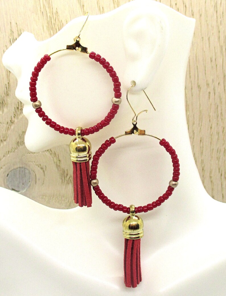 Red Suede Tassel Earrings on Gold Hoops With Glass Seed Beads Etsy