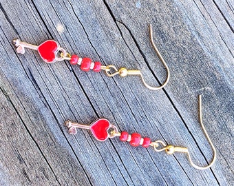 Tiny Red Heart Earrings with Heart Key Charms and Gold Tone Posts or Hooks, Dainty Sweetheart Girlfriend Lover Valentines Day Gift, 2in