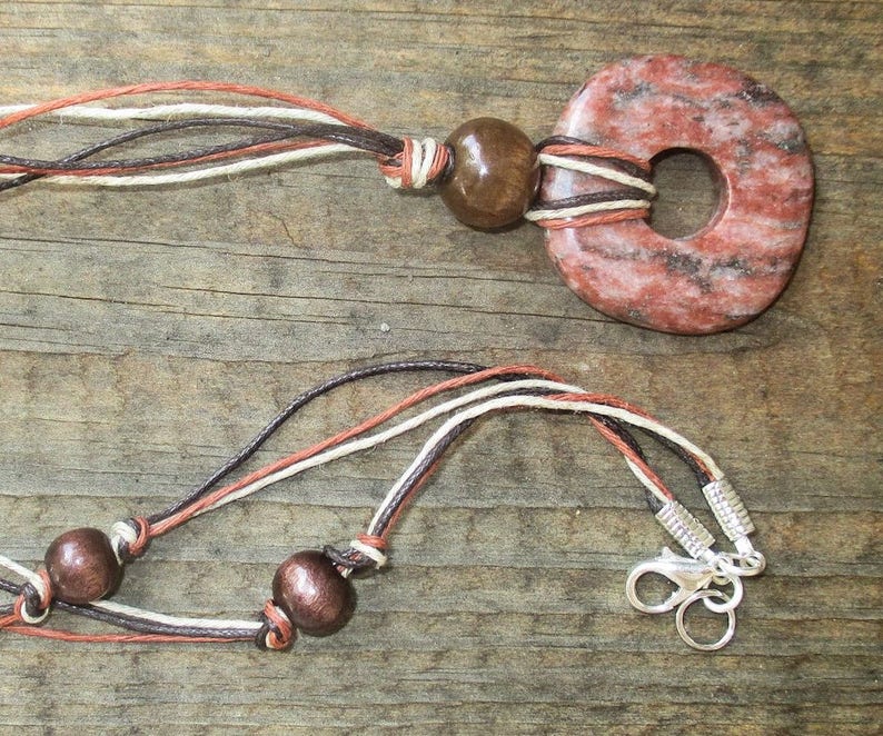 23in October Birthstone Unisex Jewelry Aries Virgo Birthstone Earthy Jasper Gemstone Pendant Necklace with Wood Beads and Cotton Cord