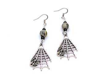 Spider Web Charm Earrings with Jasper Gemstone Beads and Stainless Steel Hooks, Halloween Spooky Creepy Goth Style Jewelry, 2-3/4in