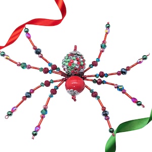 Red Green Christmas Spider Ornament, Beaded Crystal Rhinestone Collectible, Holiday Decor, Not a Toy