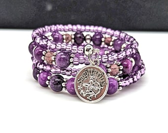 Sagittarius Purple Gemstone Bracelet with Zodiac Symbols, Multistrand Coil Wrap with Sagittarius Charm and Quartzite, One Size Fits Most