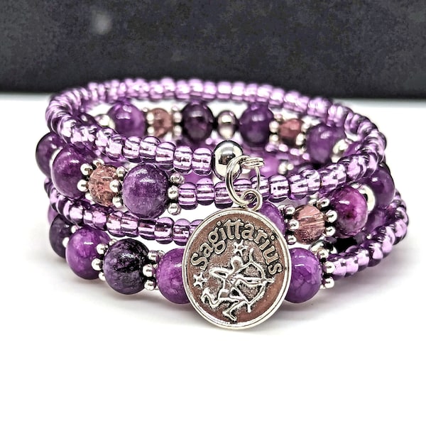 Sagittarius Purple Gemstone Bracelet with Zodiac Symbols, Multistrand Coil Wrap with Sagittarius Charm and Quartzite, One Size Fits Most