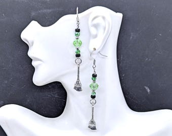 Witch Broom Earrings with Sparkly Green Glass Beads and Black Seed Beads, Inspired by Wicked Witch Elphaba, Stainless Steel Hooks, 3in