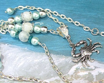 Crab Pendant Necklace with Moonstone and Aqua Pearls, Cancer Zodiac Beach Jewelry, Ocean Lover Gift for Her, Length adjusts 21-24in