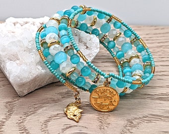 Pisces Fish Zodiac Bracelet, Multistrand Turquoise Aqua Gold Tone Astrology Sun Sign February March Birthday Jewelry, One Size Fits Most