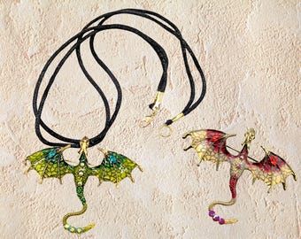 Dragon Pendant Necklace Brooch, Gold Tone Fantasy Jewelry | Mythical Creature Accessory | Choose Style & Color | Gothic, Cosplay