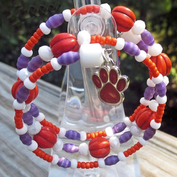 Orange Paw Charm Purple White Bracelet Stack, Coloful Statement Jewelry, Orange and Purple Coil Wrap Memory Wire Bangle, One Size Fits Most