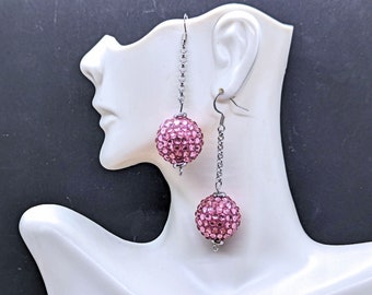 Pink Disco Ball Earrings with Silver or Gold Chain and Hooks, Large Bead Earrings, Sparkly Rhinestone Jewelry for Parties Gifts Celebrations