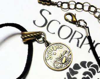 Scorpio Zodiac Pendant Necklace on Cord, Unisex Astrology Sun Sign Jewelry, November December Birthday, Length adjusts 20-1/2 to 22-1/2in