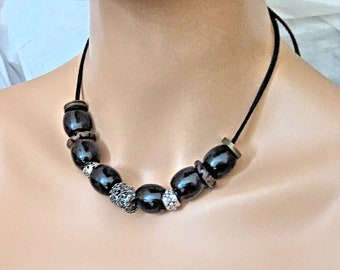 Suede Cord Wood Necklace, Black Silver Tribal Faux Leather Jewelry, Big Bead Rustic Boho Style Unisex Lightweight Necklace, up to 30in