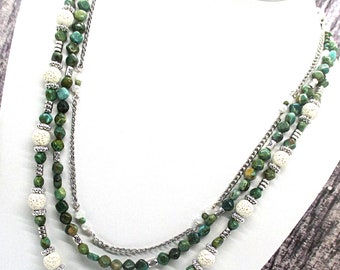 Hubei Turquoise Tiered Necklace, Multistrand Lava Stone Jewelry, Natural Gemstone Beaded Jewelry, Artisan Crafted One-of-a-Kind Necklace