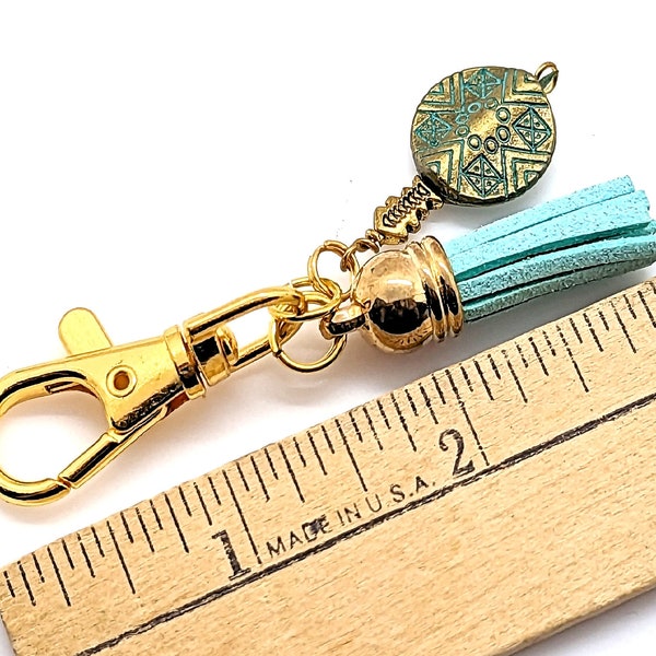 Aqua Zipper Pull Charm with Tassel, Gold Clip On Purse Charm, Backpack Accessory, Tassel Handbag Swag, Planner Charm, Low Cost Gift, 3in