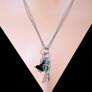 Wicked Witch Necklace on Stainless Steel Chain with Broom Hat Green Crystal, Elphaba Halloween Wizard of Oz Jewelry, Magnetic Clasp, 21in