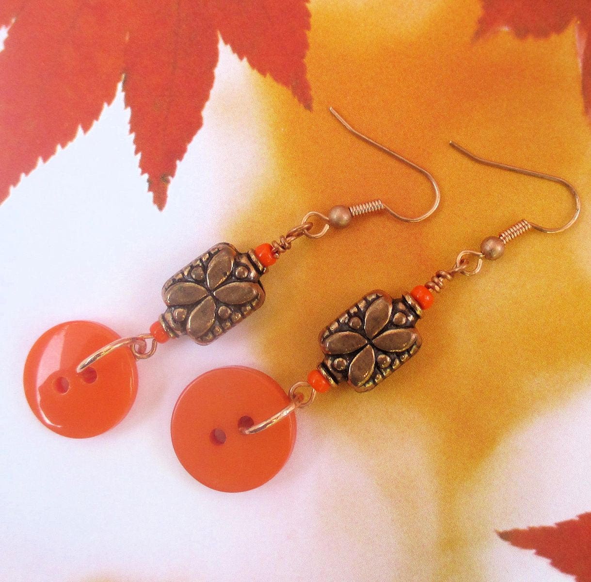 Burnt Orange Button Earrings Funky Earrings Copper Jewelry Etsy