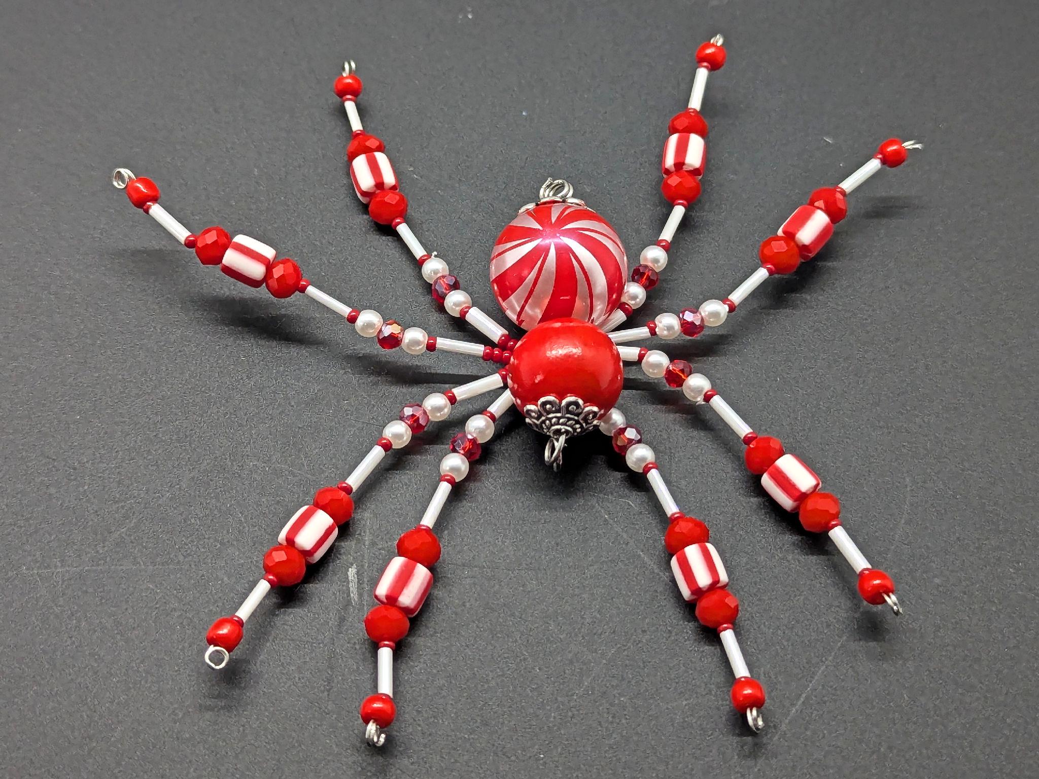Peppermint Striped Beaded Spider for Home Decor, Not a Toy, Jeweled Sparkly Christmas Spider, Window Hanger Ornament, One of a Kind Gift