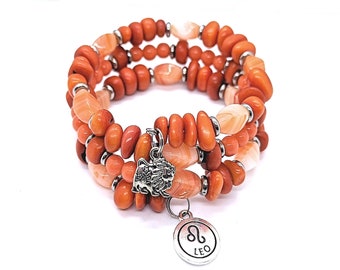 Leo Lion Zodiac Coil Bracelet with Orange Tagua Nut Acrylic Glass Beads, Gift for Leo, Leo Birthday, Leo Lady, Leo Woman, One Size Fits Most