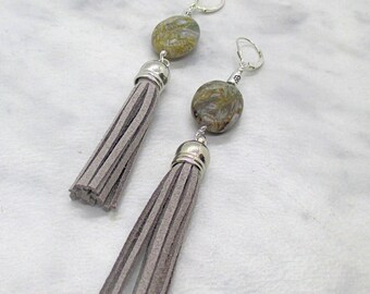 Gray Tassel Agate Earrings, Long Dangle Gemstone Earrings, Silver Suede Boho Bohemian Style Jewelry, 4in