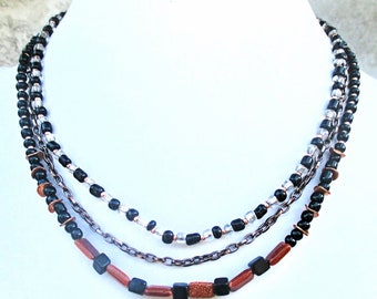 Copper Gemstone Short Necklace with Black Onyx and Goldstone, Multistrand Layered Choker, Elegant Jewelry, 16in