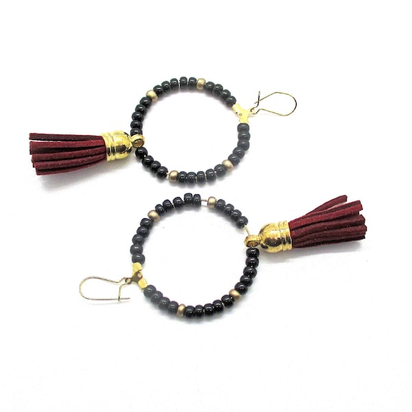 Garnet and Black Earrings with Suede Tassels on Gold Tone Hoops, Flirty Cute Sassy Jewelry, Boho Bohemian Style Gift for Her, 3-3/4in