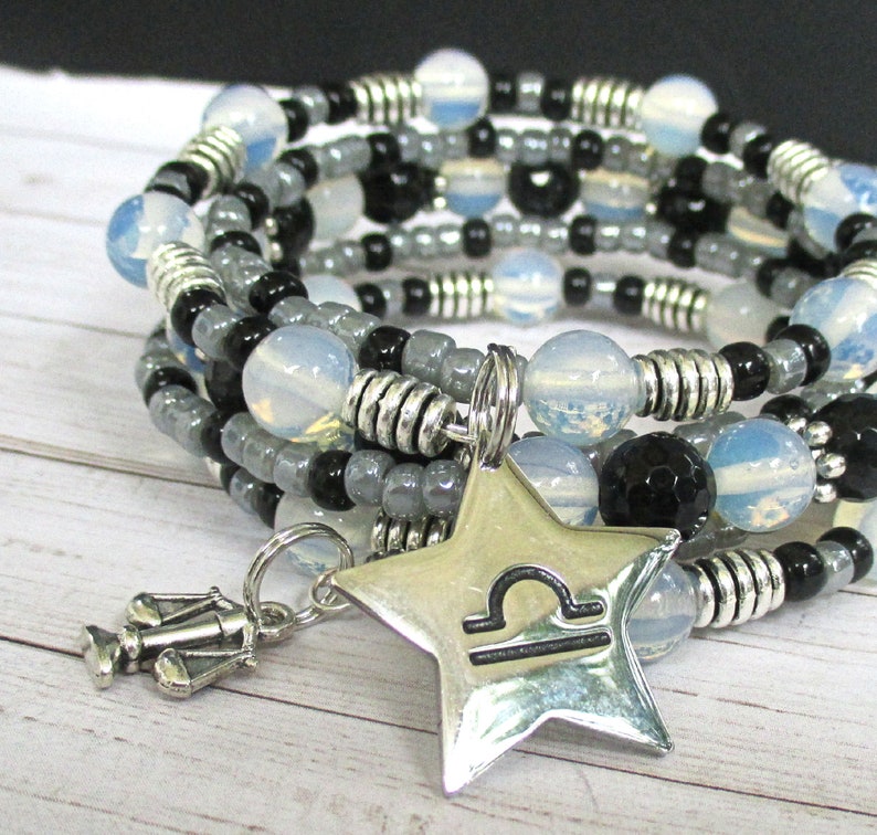 Libra Charm Bracelet Stack With White Opalite and Black Onyx, September