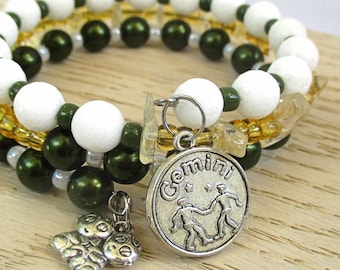 Gemini Gemstone Silver Bracelet Stack with Gemini Charms, Citrine Pearl Jade Jewelry, Astrology Zodiac Sun Sign Gift, One Size Fits Most