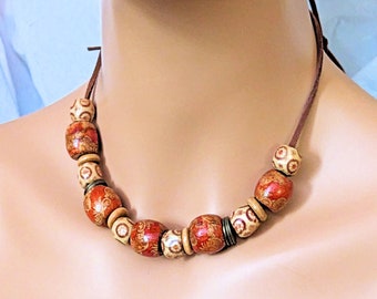 Wood Bead Suede Cord Necklace, Red and Brown Tribal Faux Leather Jewelry, Big Bead Rustic Boho Style Unisex Lightweight Necklace, up to 28in