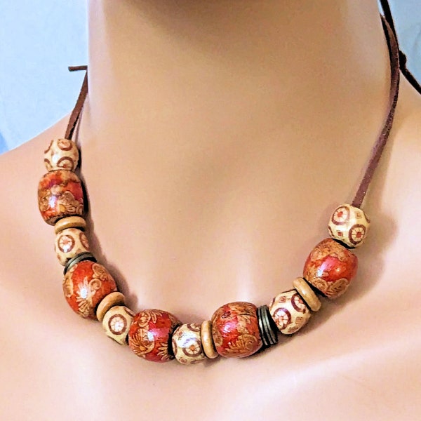 Wood Bead Suede Cord Necklace, Red and Brown Tribal Faux Leather Jewelry, Big Bead Rustic Boho Style Unisex Lightweight Necklace, up to 28in