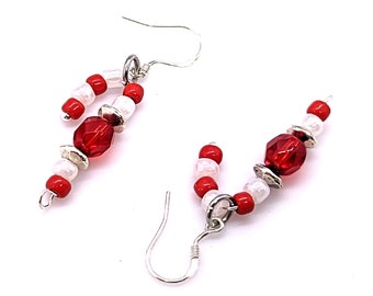 Candy Cane Beaded Earrings with Fire Polished Red Glass and 925 Sterling Silver Filled Hooks for Christmas Holiday Gift Parties, 1-3/4in
