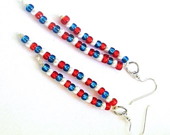 Red White Blue Earrings with .925 Sterling Filled Hooks, Seed Bead Jewelry, Long Asymmetrical Earrings, July 4 Patriotic Earrings, 3-3/4in