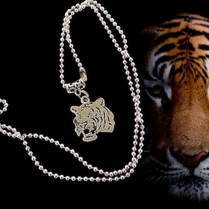 Silver Tiger Head Pendant Necklace on Ball Chain, College School Sports Team Mascot Jewelry, Tigers Big Cats Fan / 24 inches or shorter