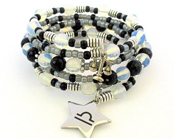 Libra Charm Bracelet Stack with White Opalite and Black Onyx, September October Zodiac Astrology Sun Sign Jewelry, One Size Fits Most