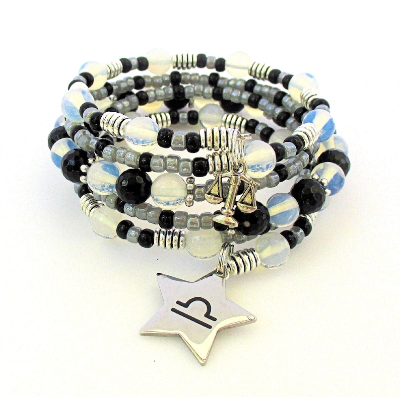 Libra Charm Bracelet Stack With White Opalite and Black Onyx, September
