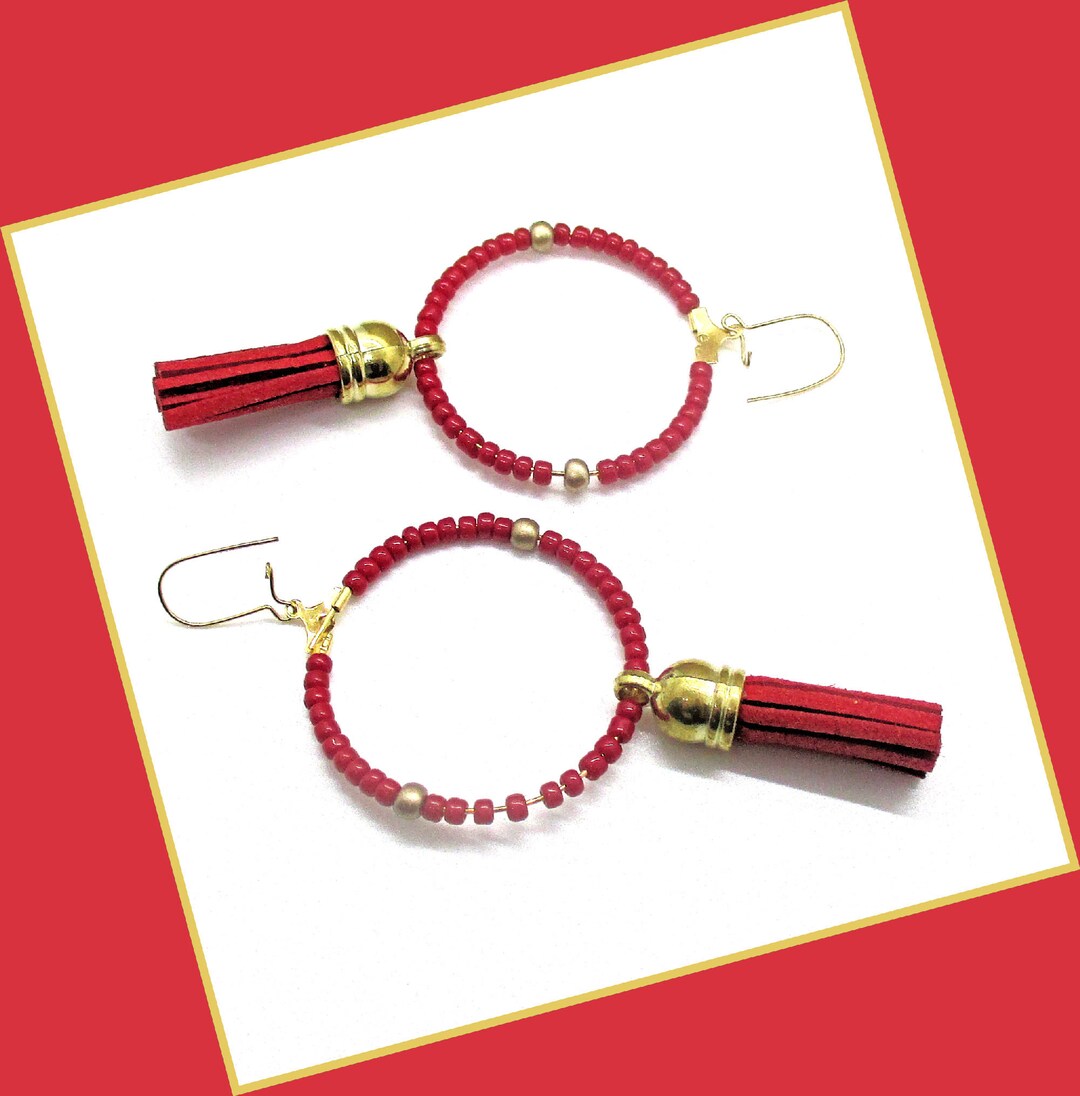 Red Suede Tassel Earrings on Gold Hoops With Glass Seed Beads Etsy