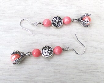 Dragon Claw Pink Earrings, Dainty Coral Pink Pearl Jewelry, Young Girl Gift, Sterling Silver Earrings, 2-1/4in / Matching Necklace Available