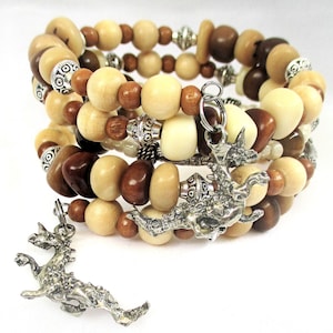 Dragon Charm Coil Bracelet on Memory Wire with Brown Tan Tagua Nut and Wood Beads, Fantasy Bohemian Jewelry, One Size Fits Most