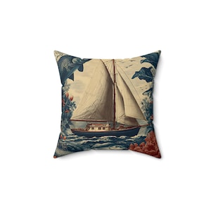 Nautical Themed Pillow - Ocean Decor, Vintage Sailing Art, Boho Home Accents, Nautical Gift, Coastal Housewarming