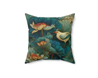 Botanical Throw Pillow: Floral & Bird Design - Nature Lover Gift