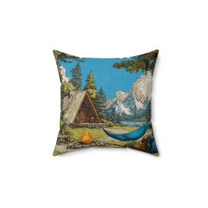 Cozy Cabin Decor Pillow: Nature Themed Throw Cushion, camping pillow