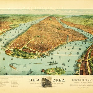 Mapa antiguo de Nueva York 1879 Vista de pájaro Paisaje