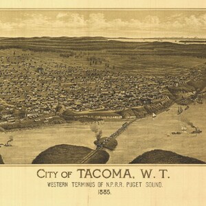 Mapa de visão panorâmica de Tacoma Washington, 1885