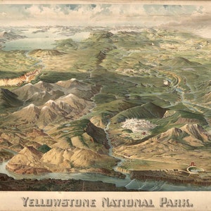 Dibujo del Parque Nacional de Yellowstone 1904 Ojo de pájaro Ver mapa