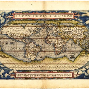 May include: A vintage world map with a blue ocean, brown landmasses, and red lines. The map is titled "TYPVS ORBIS TERRARVM" and includes the text "QUID EI POTEST VIDERI MAGNUM IN REDVS HUMANIS, CVI AETERNITAS OMNIS. TOTIVSQVE MUNDI NOTA SIT MAGNITUDO. CICERO:"