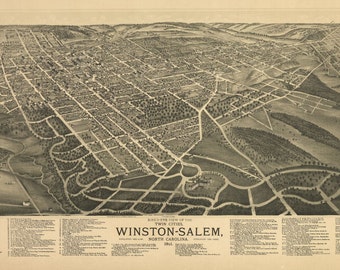 May include: A black and white bird's-eye view map of the twin cities of Winston-Salem, North Carolina, from 1891. The map shows the layout of the city with streets, buildings, and parks. The map is surrounded by a border with text that includes the names of the cities and the date.