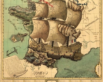 Antique Map France as a Ship 1796