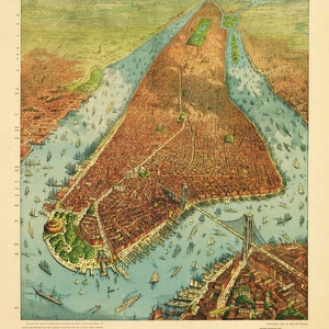 Mappa antica di New York 1879 Bird's Eye View Portrait