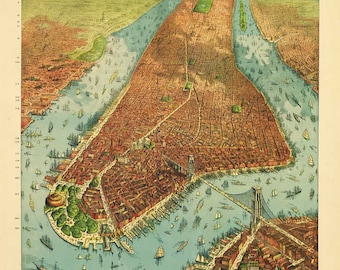 Antique Map of New York 1879 Bird's Eye View Portrait