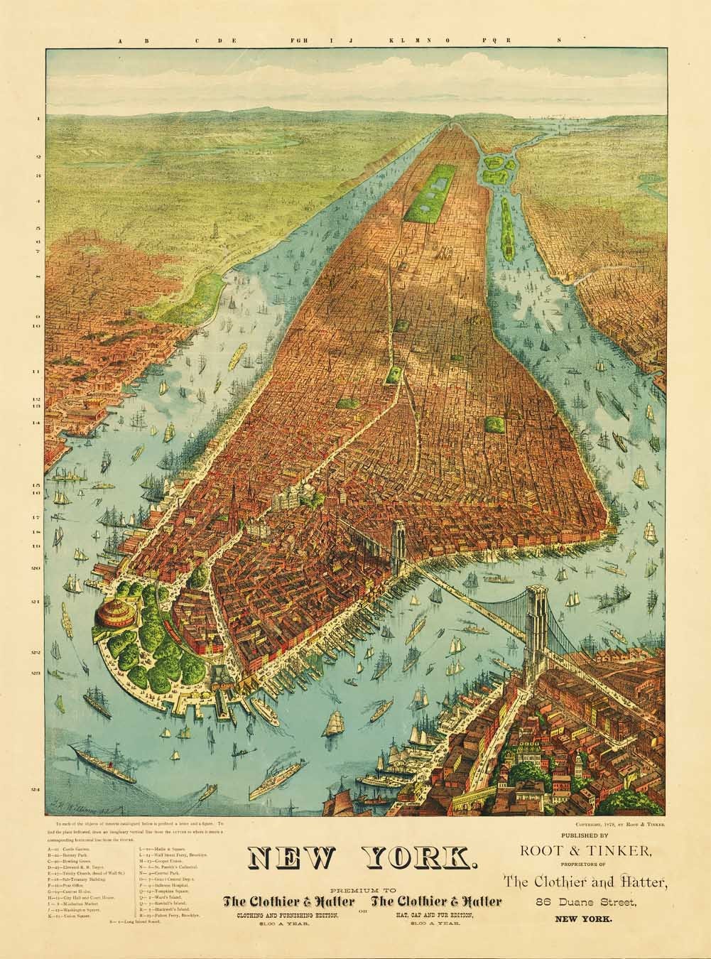 Antique Map of New York 1879 Bird's Eye View Portrait
