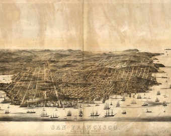 San Francisco CA Birds Eye View Map 1860