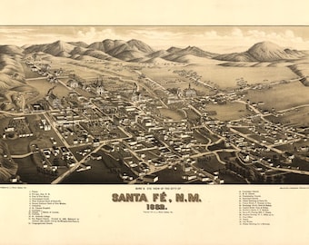 Antique Bird’s Eye Voir la carte Santa Fe Nouveau-Mexique 1882